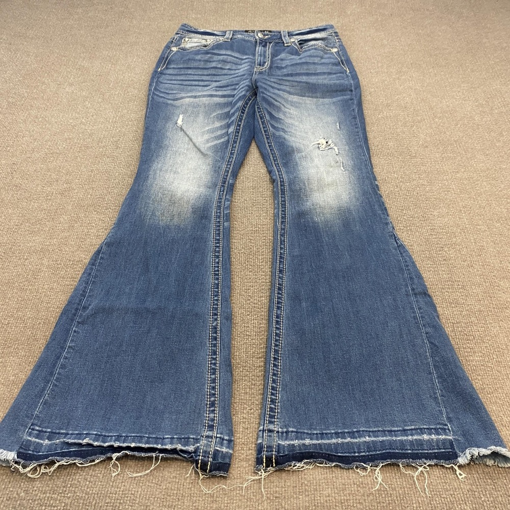 Miss Me Flare Jeans Womens 30 Blue Med Wash High Rise Distressed Raw Hem Stretch